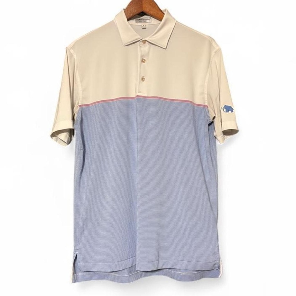 Peter Millar Cream and Blue Striped Polo Shirt size Medium